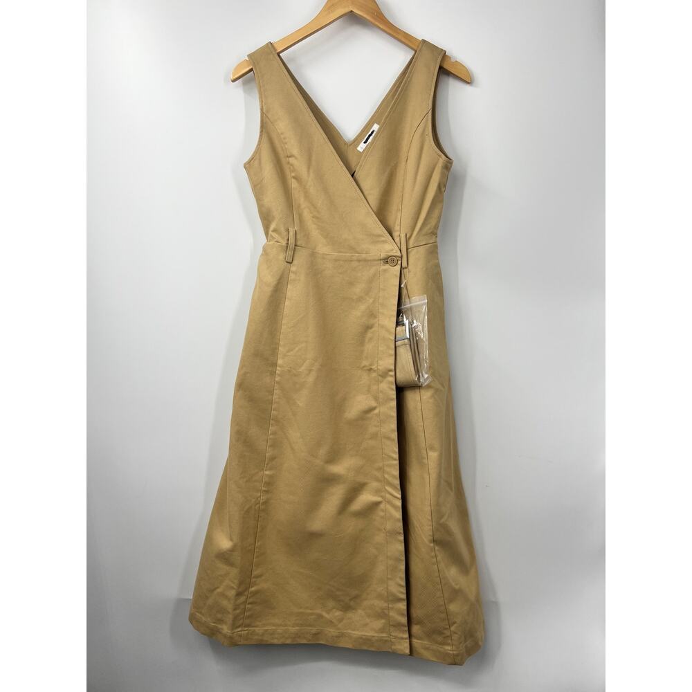 MOUSSY‎ Women's V Neck Belted Waist Denim Dress Sleeveless Solid Khaki Size S 1